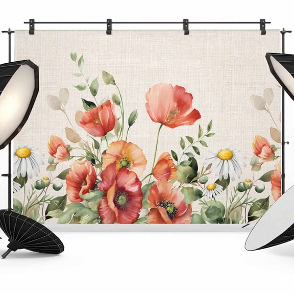 Red Poppy Backdrop for Photography,Fabric Photo Background Backdrop,Spring Country Watercolor Daisy Flower Leaf Plant Photo Booth Background for Portrait Photoshoot Video Wedding Studio Banner 12x8ft