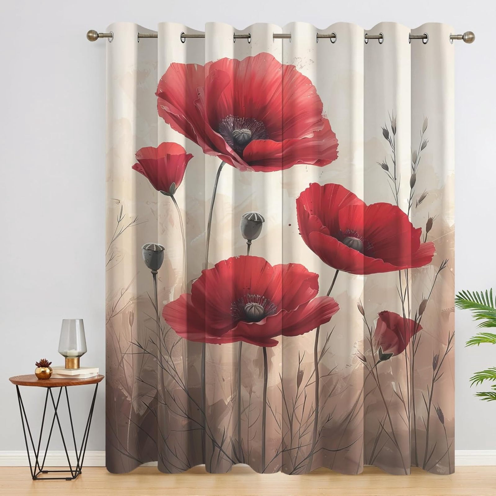 Red Poppy Curtains, Vintage Floral Window Curtains, Flower Blackout ...