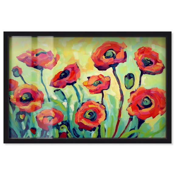 Red Poppy Field I Shadowbox Print Nature Wall Decor by Art Remedy, Black Frame, 54 x 36