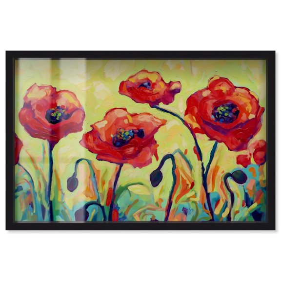Red Poppy Field II Shadowbox Print Nature Wall Decor by Art Remedy, Black Frame, 45 x 30