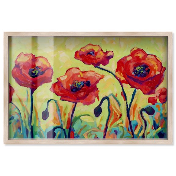 Red Poppy Field II Shadowbox Print Nature Wall Decor by Art Remedy, Blonde Frame, 45 x 30