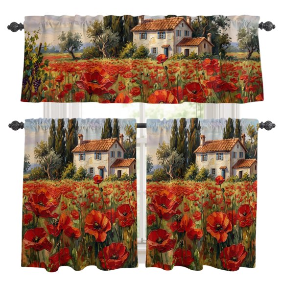 Red Poppy Field Kitchen Curtains Valances 3 Piece Set, Rustic Country Farmhouse Red Floral Stone Villa Rod Pocket Tier Curtain and Valance Drapes for Small Window 36 Inch Length for Bedroom Cafe
