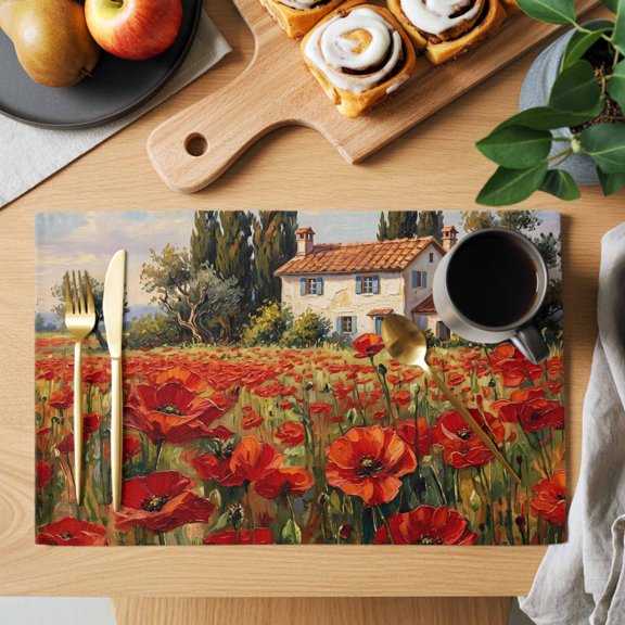 Red Poppy Field Placemats Set of 1, Rustic Country Farmhouse Red Floral Stone Villa Non-Slip Place Mats Washable Table Mats for Kitchen Dining Table Decorations Indoor/Outdoor