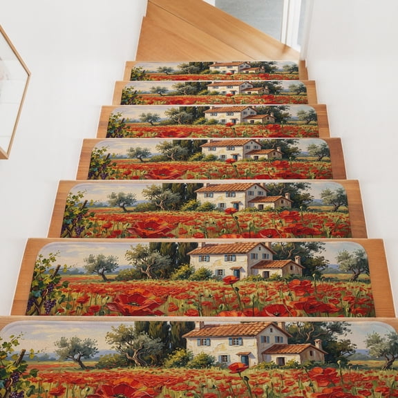 Red Poppy Field Stair Treads Non Slip for Steps Rustic Country Farmhouse Red Floral Stone Villa 4 Pcs Reusable Adhesive Stair Runner Mats for Dogs Elders Carpet Treads Rugs for Staircase 8x30 In
