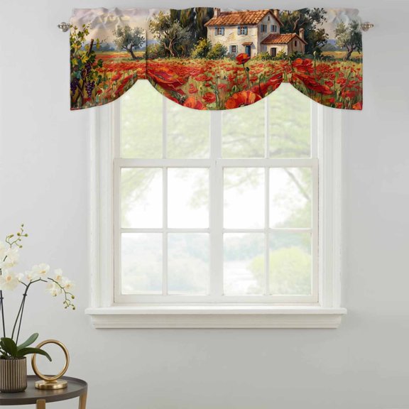 Red Poppy Field Tie Up Valances Curtain, Rustic Country Farmhouse Red Floral Stone Villa Kitchen Valances for Windows Decor, Rod Pocket Short Curtains Set for Bedroom/Bathroom, 42"x12"
