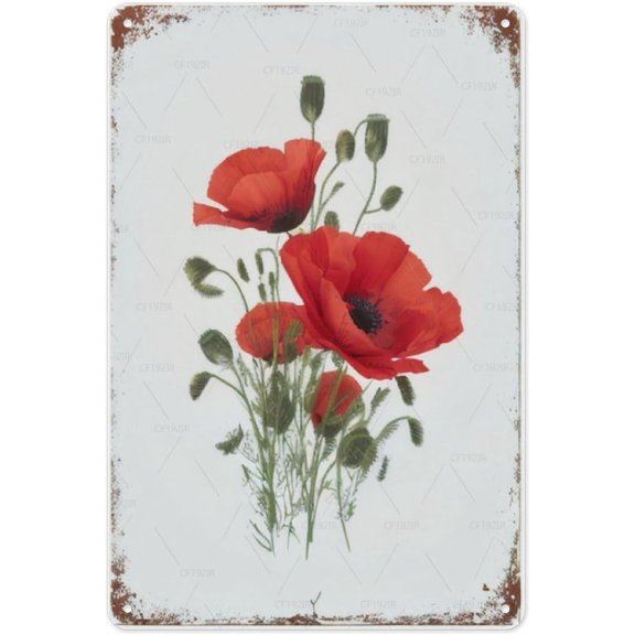 Red Poppy Floral Botanical Metal Tin Sign Spring Summer Garden Theme Vintage Decorative Sign for Kitchen, Cafe, Restaurant, Sunroom Wall Rustic Charm with Aged Metal Patina 8x12 Inches