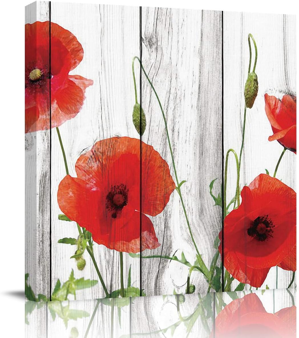 Red Poppy Floral Canvas Wall Art for Bedroom Bathroom Vintage Rustic ...