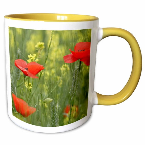 3drose, Red Poppy Flower Among Wheat Crop, Tuscany, Italy - Eu16 Aje0014 - Adam Jones, 15oz Two-tone Yellow Mug