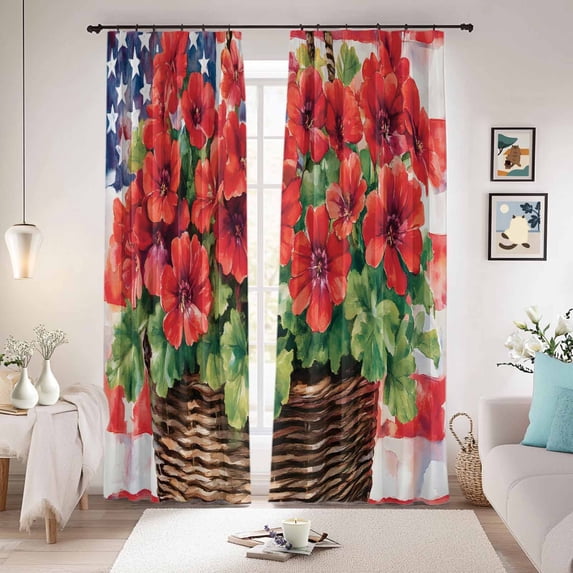 Red Poppy Flower Blackout Curtains for Bedroom/Living Room, Pinch Pleated Black Out Curtains, Rustic Independence Day American Flag Room Darkening Window Drapes with Hooks 2 Panels, 39"x70"