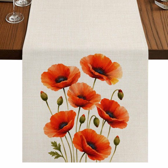 Red Poppy Flower Burlap Cotton Table Runner 13x36 Inches Short, Spring Floral Botanical Rustic Beige Farmhouse Table Runners, Outdoor Dining Table Decor for Baby Shower/Party/Wedding