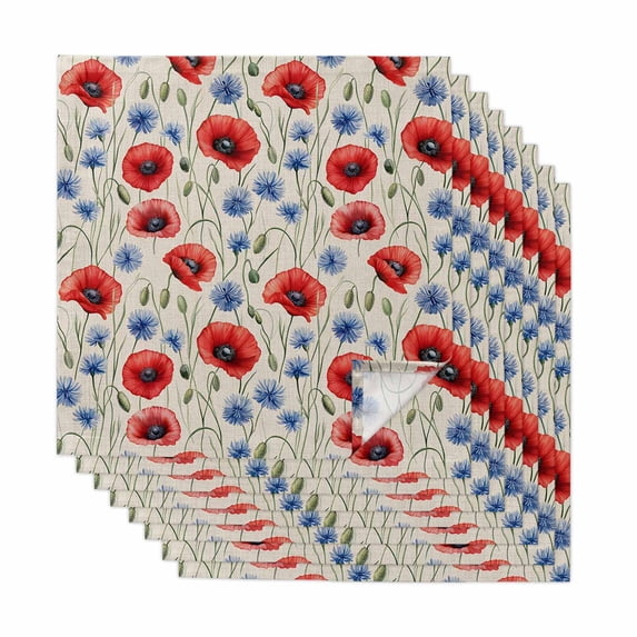 Red Poppy Flower Cloth Napkins, Blue Daisy Floral Patriotic 4th of July Washable and Reusable Dinner Napkins Set of 8, Table Napkin for Kitchen Party Birthday Wedding Hotel Housewarming 20"x20"