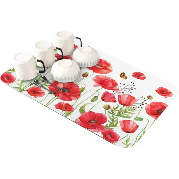 Red Poppy Flower Dish Drying Mat for Kitchen Counter, Super Absorbent Quick Dry Coffee Bar Mat Pad Thin Diatomaceous Sink Mat Non Slip Dish Drainer Mat 23.5x15.5 Summer Butterfly Watercolor Floral