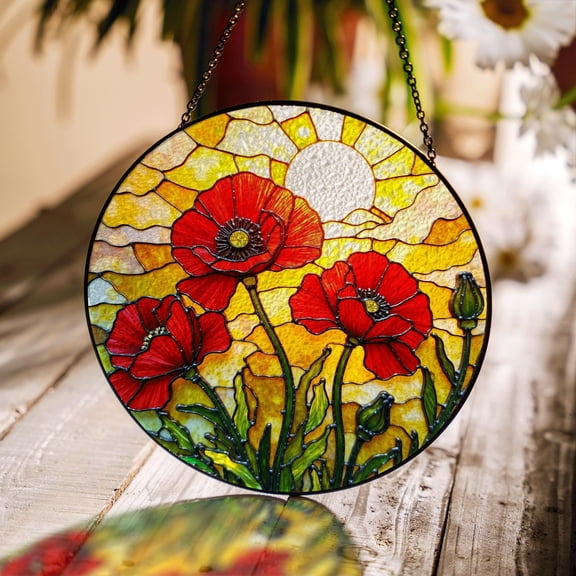 Red Poppy Flower Field Round Stained Glass Style Suncatcher, Window Hanging Gift for Mom or Garden Lovers