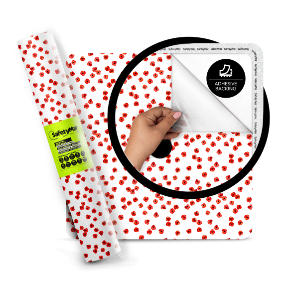 Red Poppy Flower Print Shower Mat Without Suction Cups | Peel and Stick Bathroom Anti Slip Mat Certified for Safety