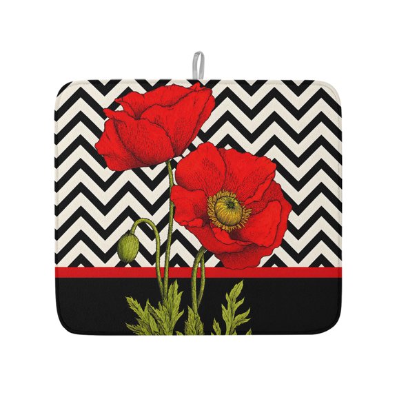 Red Poppy Flower Retro Boho Dish Drying Mats for Kitchen Counter,Absorbent Microfiber Dish Drainer Rack Mat Abstract Black Herringbone Drying Pad for Sinks,Utensils,Countertops,16x18in