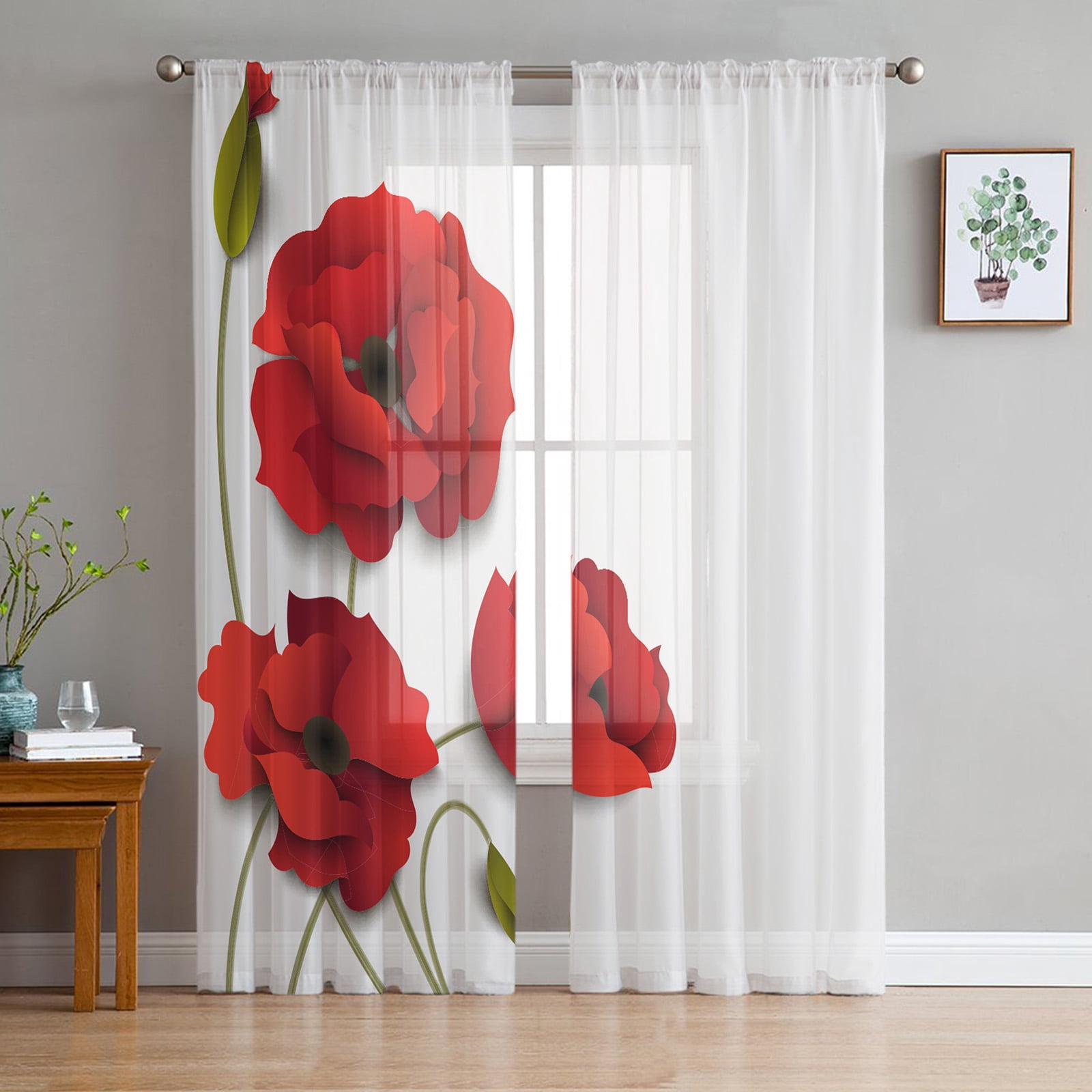 Red Poppy Flower Sheer Curtain for Living Room Voile for Window Blinds