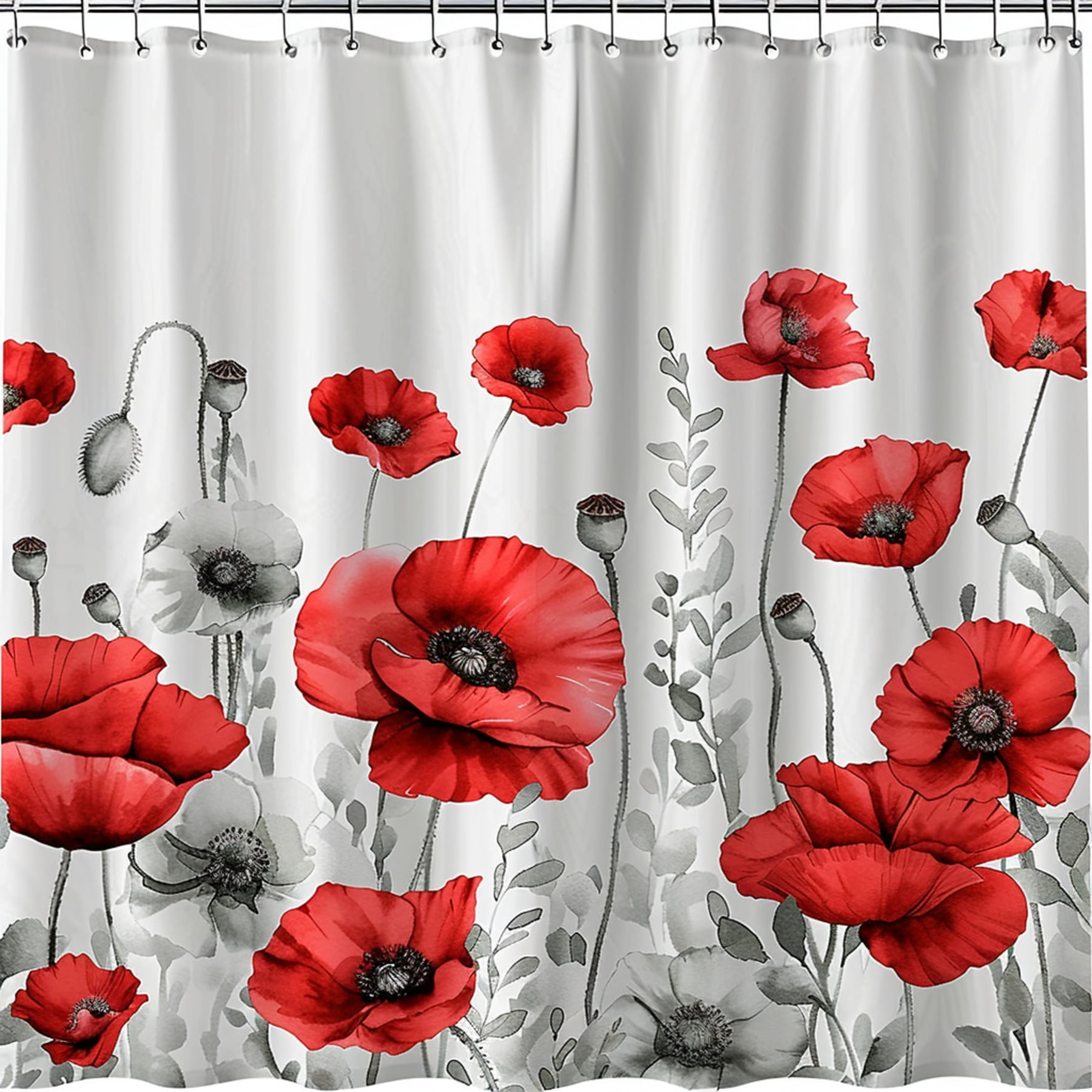 Red Poppy Flower Shower Curtain White Background with Grey Watercolor ...