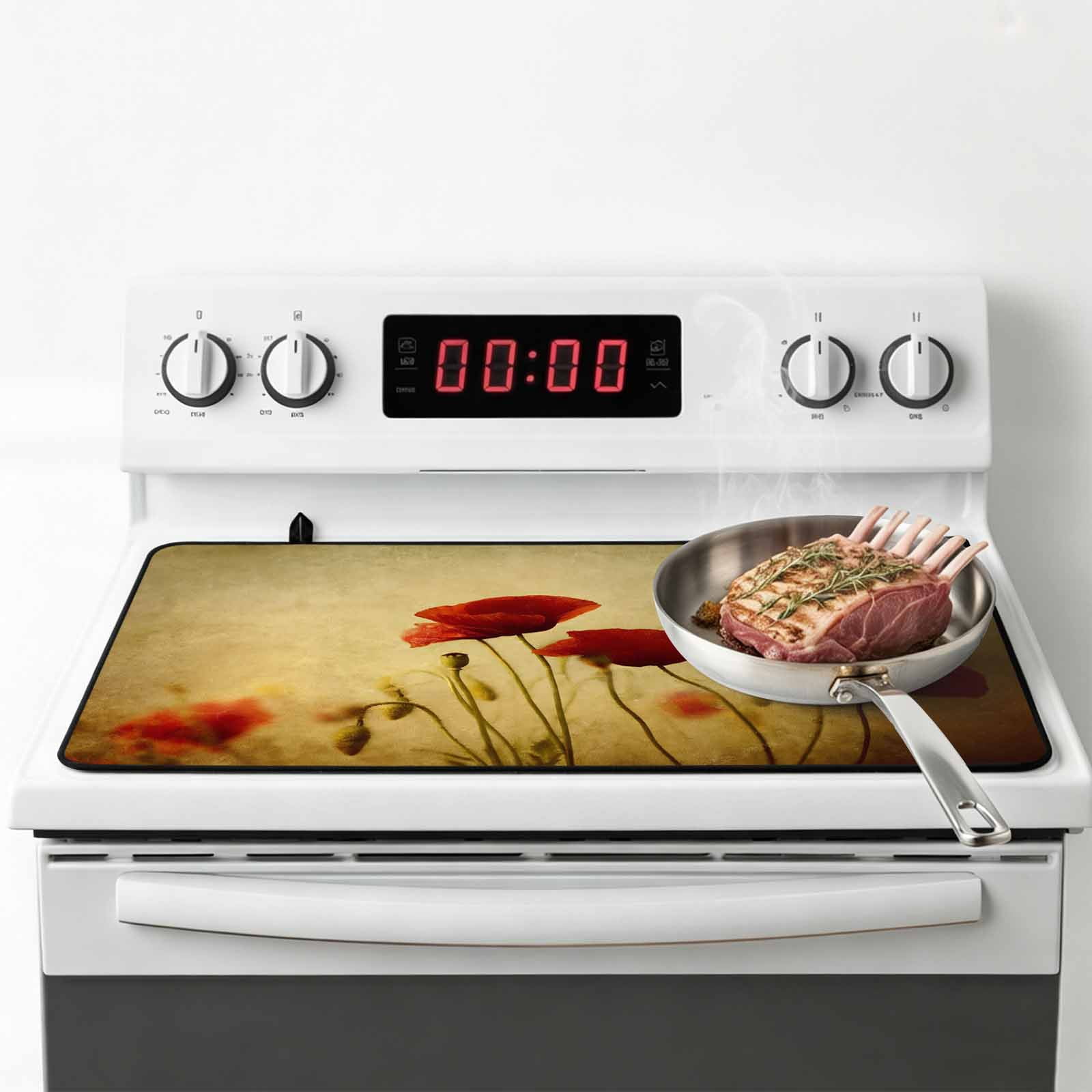 Red Poppy Flower Stove Top Cover for Electric Stove, Heat-proof & Non Slip Glass Top Stove Cover Protector, Vintage Farmhouse Vintage Floral Plant Kitchen Flat Cooktop Rubber Mat 24x21 Inches