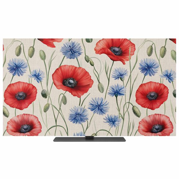 Red Poppy Flower TV Dust Cover,Stretchable TV Screen Desktop Computer Protector Cover,Blue Daisy Floral Patriotic 4th of July Television Dustproof Slipcover for 19–24 Inch Flat or Curved TVs