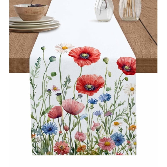 Red Poppy Flower Table Runner 48 Inches, Blue Blooms Floral Country Boho Daisy Bed Runner Dresser Scarves Tabletop for Indoor Outdoor Parties/Ceremony/Banquet, 13" x 48"