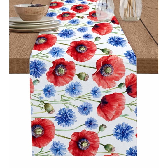 Red Poppy Flower Table Runner 72 Inches, Blue Watercolor Budding Floral Summer Bed Runner Dresser Scarves Tabletop for Indoor Outdoor Parties/Ceremony/Banquet, 18" x 72"