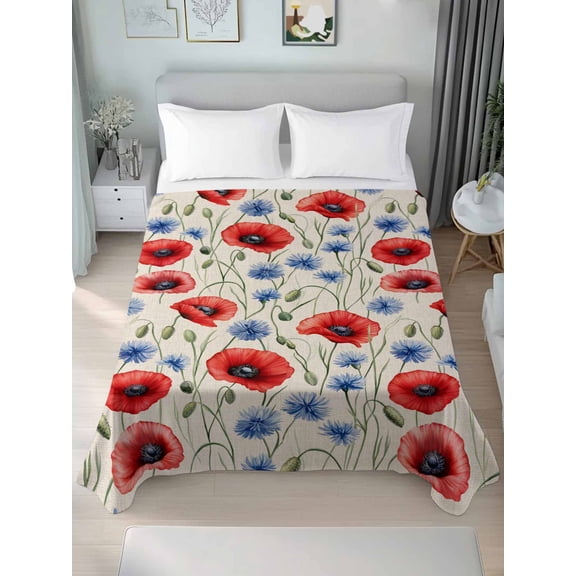 Red Poppy Flower Twim Size Flat Sheet, Wrinkleproof & Fadeproof Cooling Flat Bed Sheet Only, Blue Daisy Floral Patriotic 4th of July Breathable Soft Bedding Top Sheets 66 x 96 Inches
