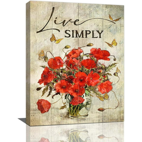 Red Poppy Flower Wall Art Poppy Floral Pictures Wall Decor Rustic Poppy Painting Canvas Prints Modern Framed Artwork Decor for Bathroom Bedroom Kitchen Living Room 12"x16"