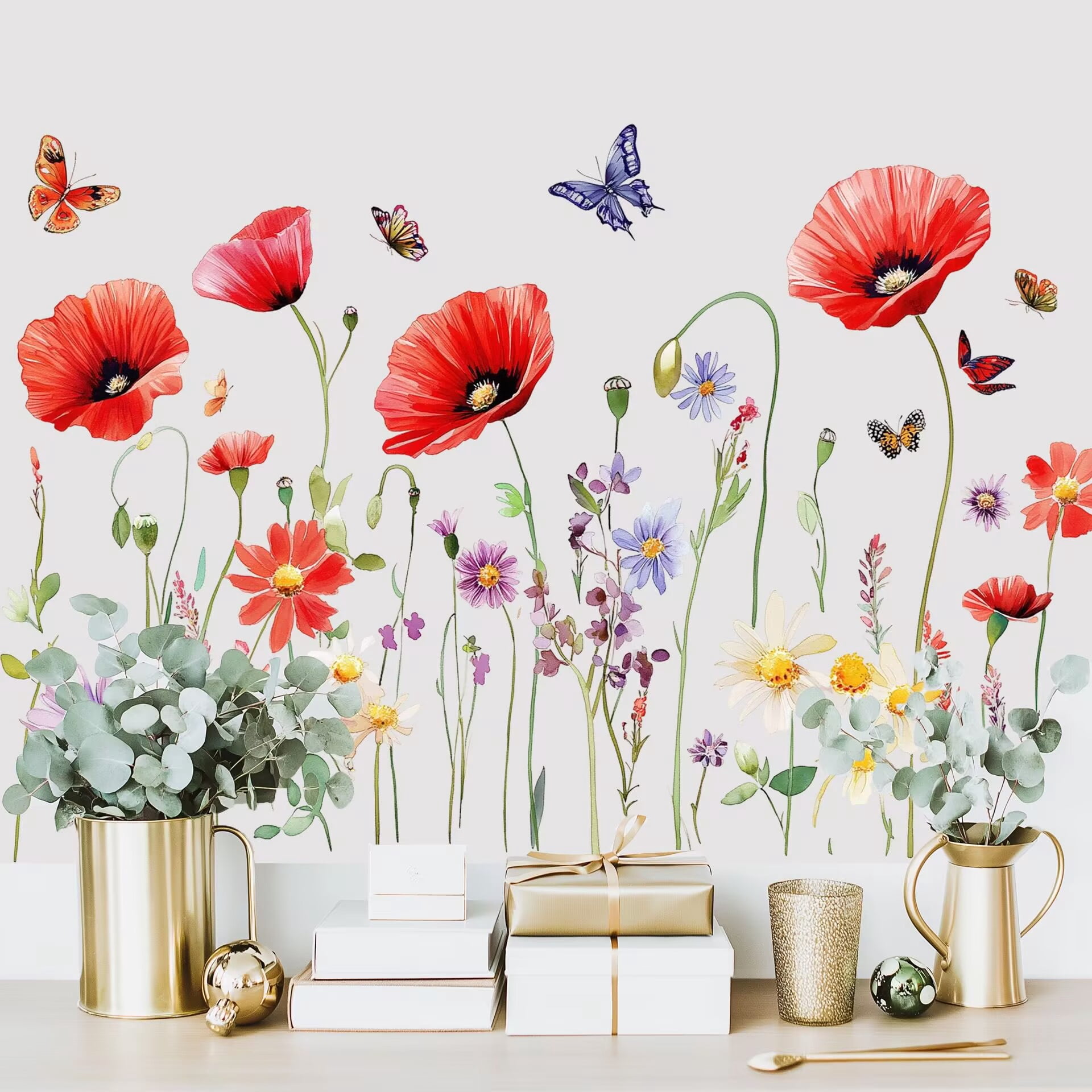 Red Poppy Flower Wall Decal Watercolor Floral and Butterfly Wall Stickers 43.3x27.5inch Removable Self-Adhesive Vinyl Wall Clings for Living Room Bedroom Sofa TV Background Wall Art Decor