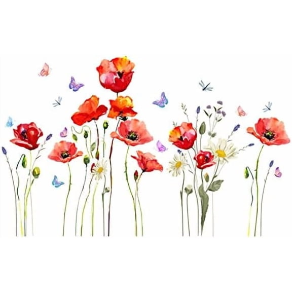 Red Poppy Flower Wall Decal Watercolor Floral and Butterfly Wall Stickers 43.3x27.5inch Removable Self-Adhesive Vinyl Wall Clings for Living Room Bedroom Sofa TV Background Wall Art Decor$$Tools