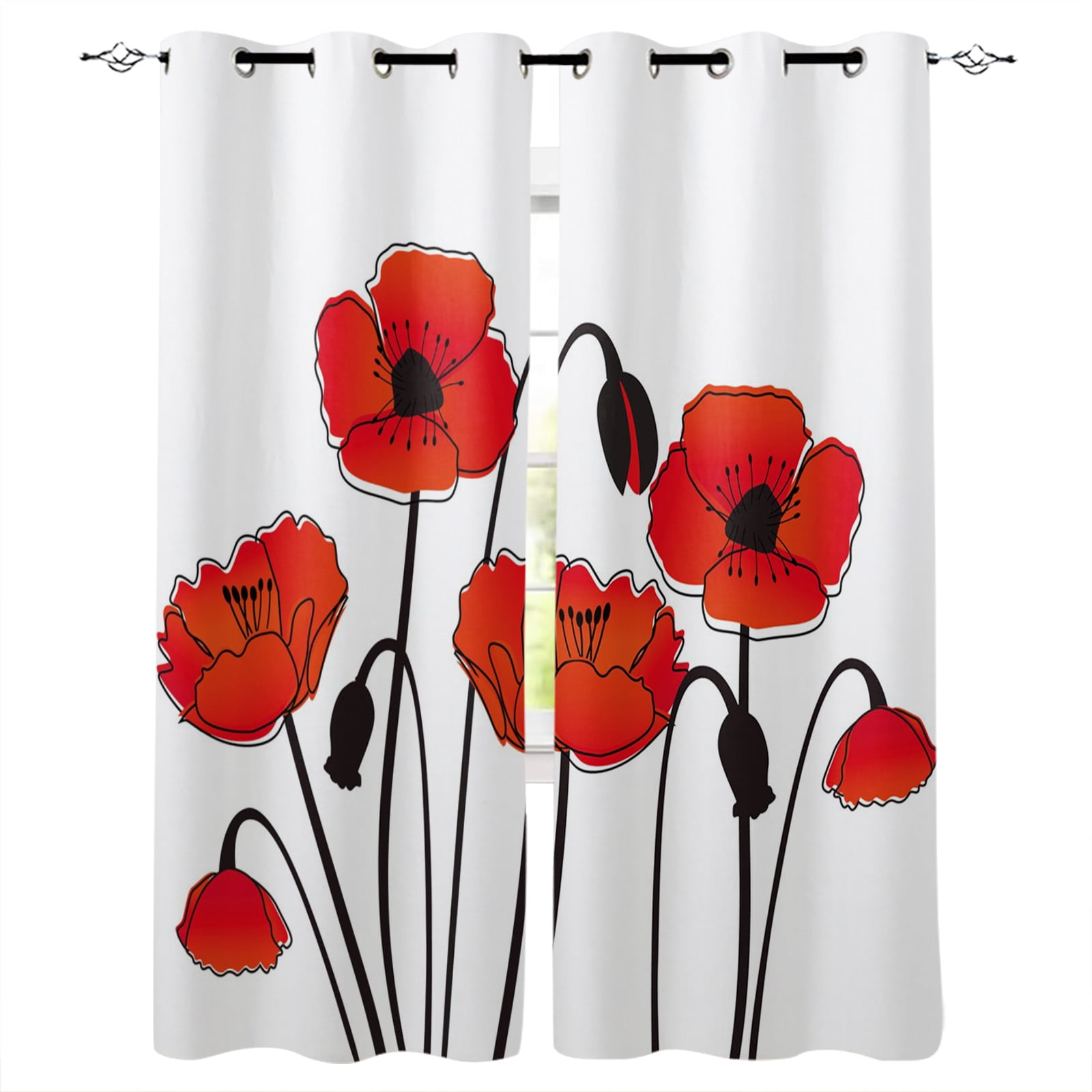Red Poppy Flower Wood Board Window Curtains for Living Room Bedroom