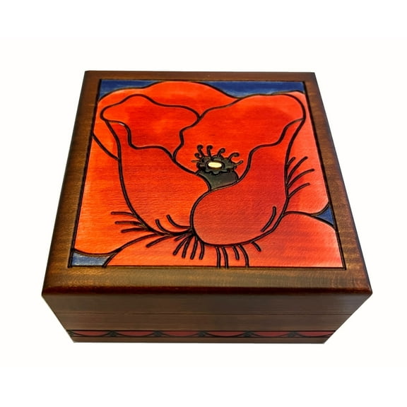 Red Poppy Flower Wood Box Handmade Decorative Keepsake Made in Poland