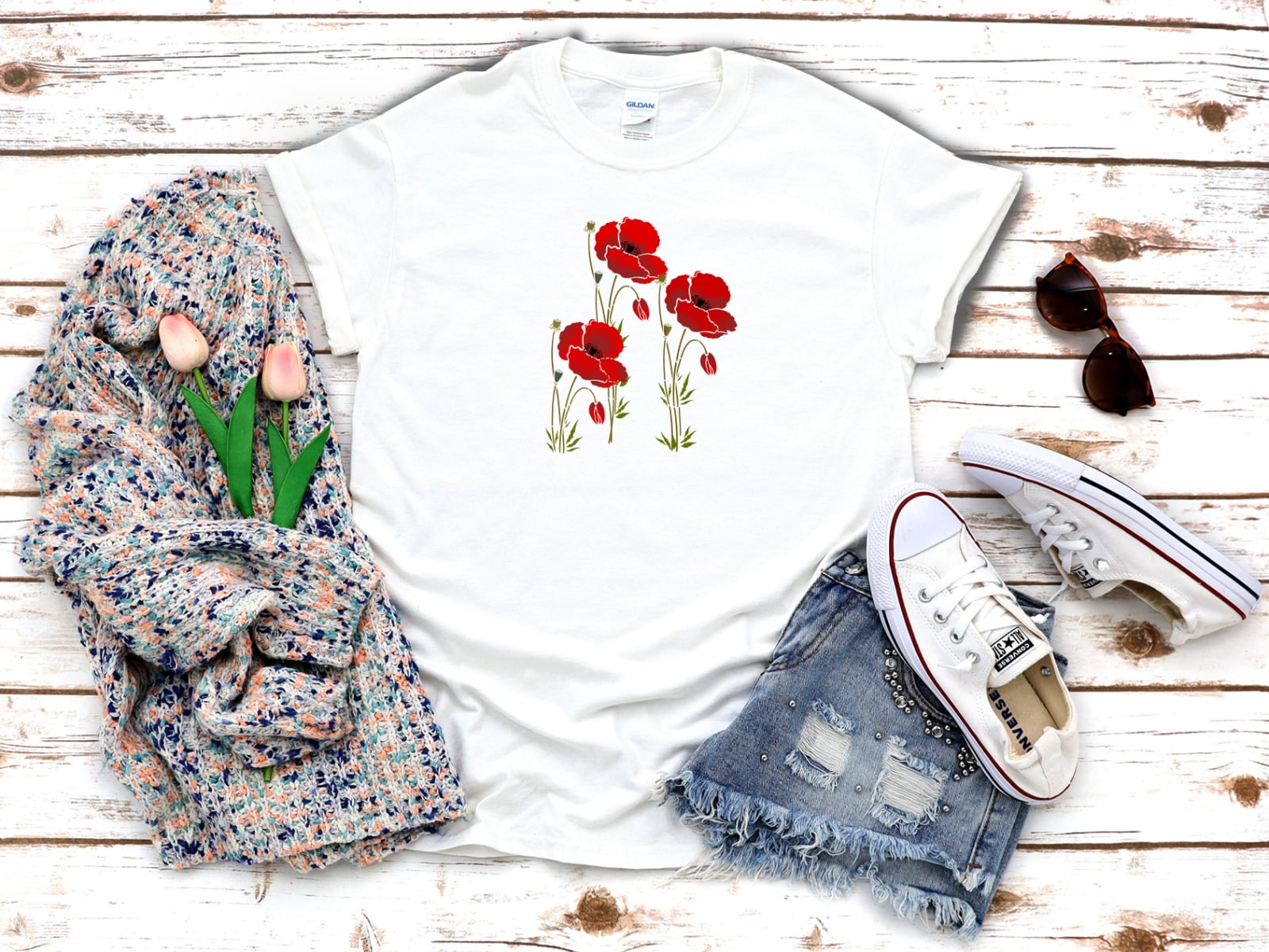 Red Poppy Flowers 3/4 Short Sleeve Woman T Shirt F138
