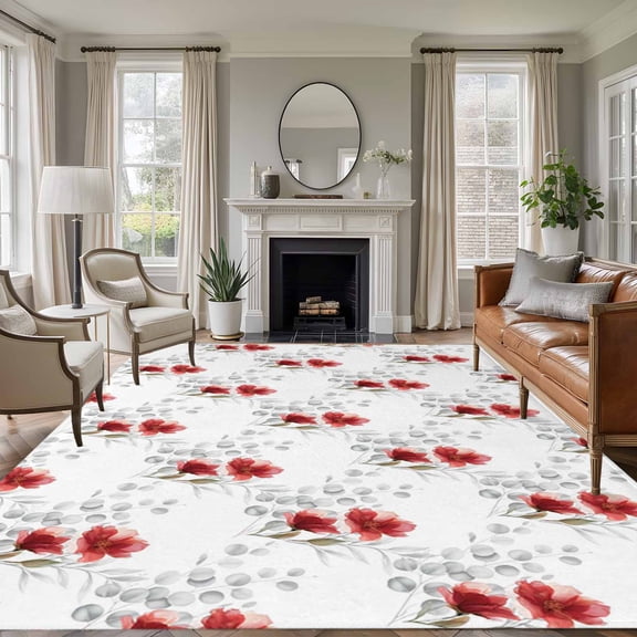 Red Poppy Flowers Area Rugs 8'x10', Washable Small Throw Rugs for Living Room Patio, Spring Gray Eucalyptus Leaves Rustic Indoor Outdoor Rug Non-Slip Low Pile Carpet Runner Reversible Floor Mats