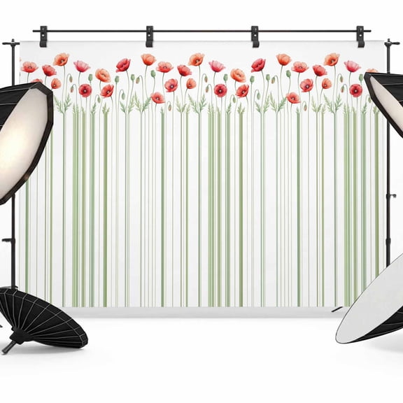 Red Poppy Flowers Backdrop for Photography,Fabric Photo Background Backdrop,Spring Floral Lines Minimalist Green Photo Booth Background for Portrait Photoshoot Video Wedding Studio Decor Banner 7x5ft