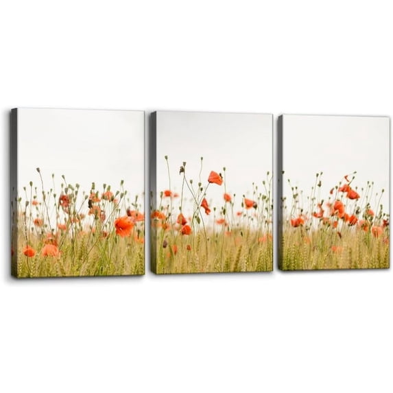 Red Poppy Flowers Canvas Wall Art Print Poppy Field Painting Wall Decor for Living Room Home Decoration Rustic Scenic Gallery Wrapped Posters and Prints Ideal Gifts - 12" x 16" x 3 Panels