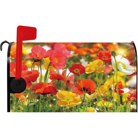 Red Poppy Flowers Mailbox Cover Spring Floral Field Mailbox Covers Magnetic Standard Size 21x18 Inch Poppy Field Mailbox Wraps for Garden Yard Post Letter Box Cover Outdoor Decoration