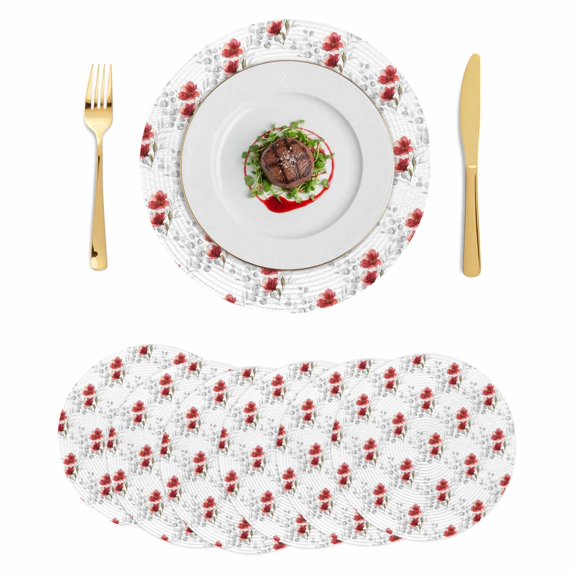 Red Poppy Flowers Round 13 Inch Placemats Set of 6, Spring Gray Eucalyptus Leaves Rustic HeatResistant Non Slip Place Mats for Dining Table, Wipeable Braided Kitchen Table Mats for Housewarming