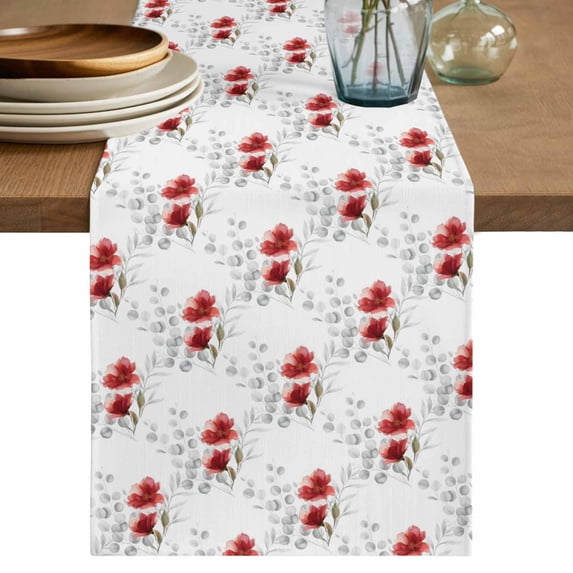Red Poppy Flowers Table Runner 72 Inches, Spring Gray Eucalyptus Leaves Rustic Bed Runner Dresser Scarves Tabletop for Indoor Outdoor Parties/Ceremony/Banquet, 16" x 72"