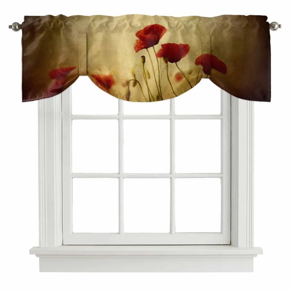 Red Poppy Flowers Tie Up Valances Curtain, Floral Retro Countryside Vintage Adjustable Rod Pocket Short Window Treatment Tie Up Curtains Valances for Kitchen Living Room Bathroom 42x18 Inches