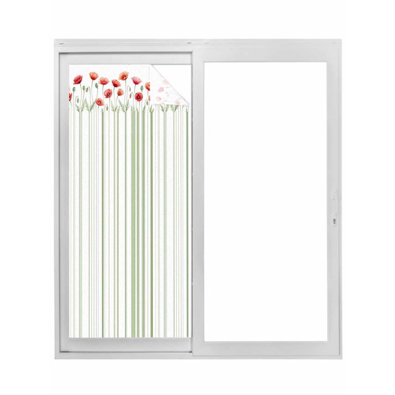 Red Poppy Flowers Window Privacy Film, Spring Floral Lines Minimalist Green Static Cling UV Sun Blocking Tint Film Heat Control Windows Films for Bedroom Bathroom, Window Stickers 17.7"x39.3"