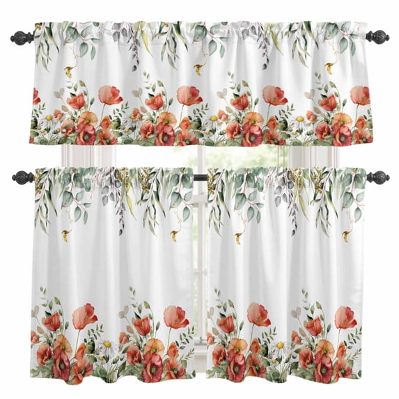 Red Poppy Kitchen Curtains Sets for Windows 24 Inch Length, Spring Farmhouse Country Flower Leaf Plant Rod Pocket Window Treatments Tier Curtains and Valances Set for Bedroom/Bathroom