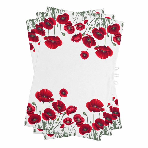 Red Poppy Kitchen Towels Set of 3, Water Absorbent Dish Towel, Spring Summer Farmhouse Flowers Watercolor Decorative Hand Towels - Quick Drying Cloth for Cooking Baking, 18x28 Inch