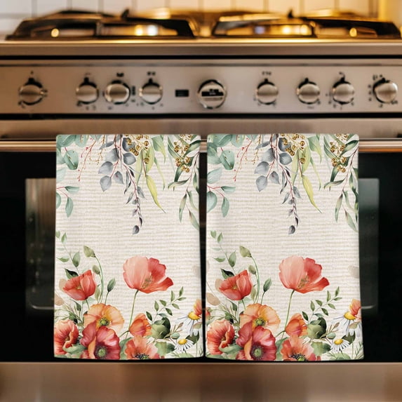 Red Poppy Kitchen Towels Set of 4, Farmhouse Country Vintage Flower Leaf Plant Absorbent Dish Towels for Kitchen, Microfiber Hand Towel, Quick Drying Tea Towel for Cleaning Decorative Dishcloths