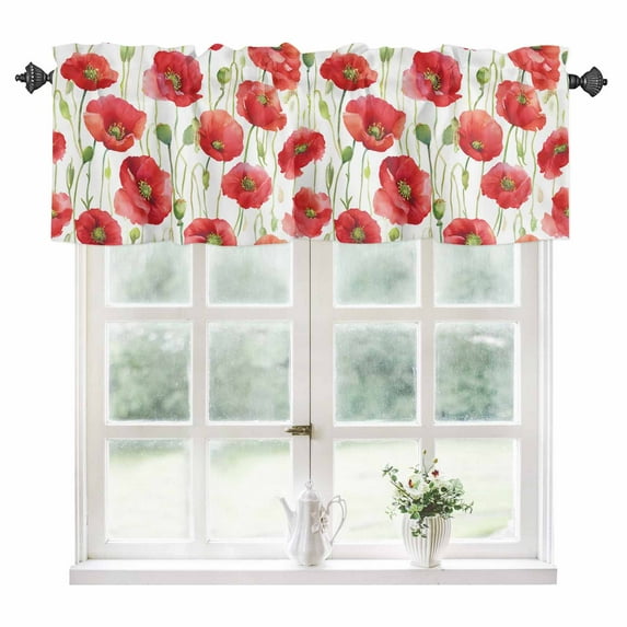 Red Poppy Kitchen Valances for Windows 42x12 Inch Kitchen Curtains Valances Rod Pocket Pastoral Flowers Green Leaves Vintage Botanical Bathroom Window Valances for Window Treatment Decor