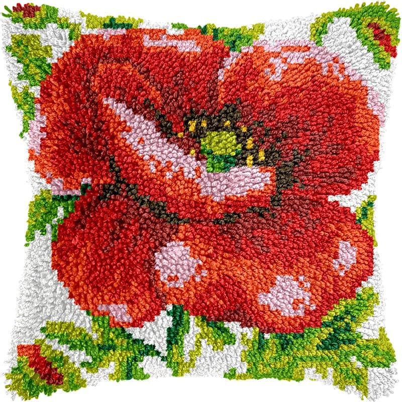 Red Poppy Latch Hook Pillow Kits Pillow Cover with Pattern Printed Canvas Crochet Cross Hooking Pillowcase Cushion Crafts Embroidery Latch Hooking Crochet Kits 17x17 inch(74)