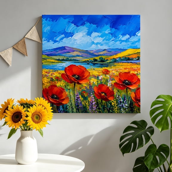 Red Poppy Meadow Canvas Wall Art for Living Room, Rustic Distant Blue Hills Oil Painting Texture Poster Print Painting for Nightstand Bathroom Collage Decoration Wall Pictures Prepare To Hang 8"x8"