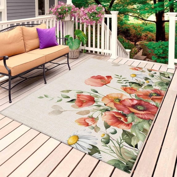 Red Poppy Outdoor Rug 3x5 Ft, Non Slip Washable Area Rug, Spring Country Watercolor Daisy Flower Leaf Plant Patio Rugs Carpet Runner, Large Floor Mat for Indoor/Outdoor Deck Porch Camping