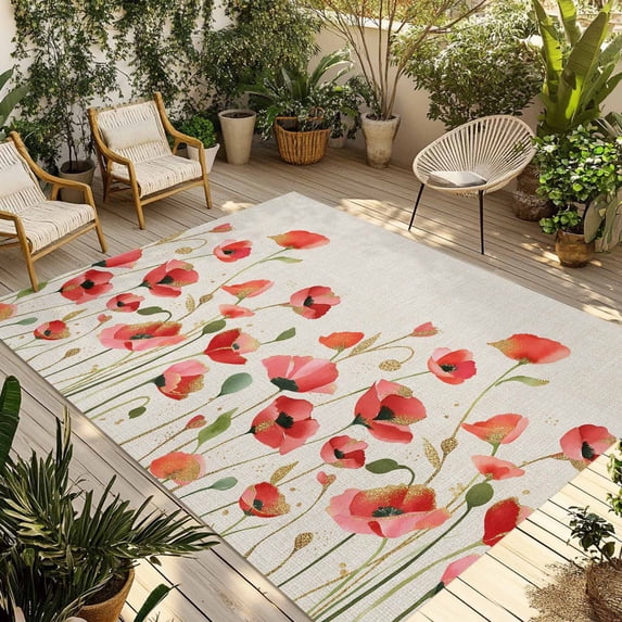 Red Poppy Outdoor Rug for Patio/Deck/Porch, Non-Slip Large Area Rug 6 x 9 Ft, Spring Summer Flowers Botanical Rustic Indoor Outdoor Rugs Washable Area Rugs, Reversible Camping Rug Carpet Runner