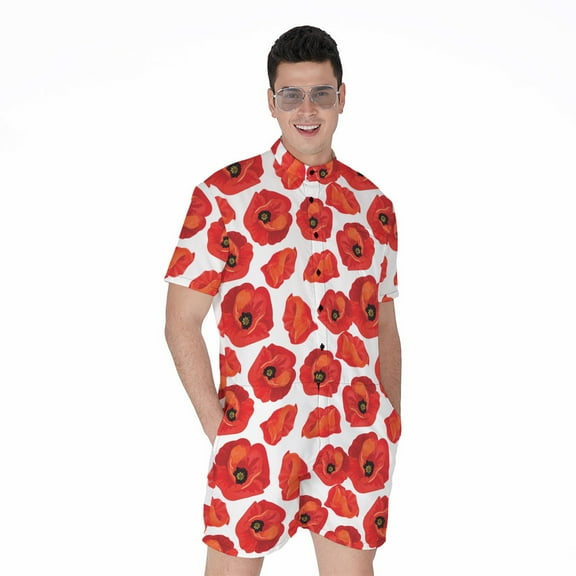 Red Poppy Pattern Short Sleeve Men'S Rompers Casual Summer Jumpsuits Outfit