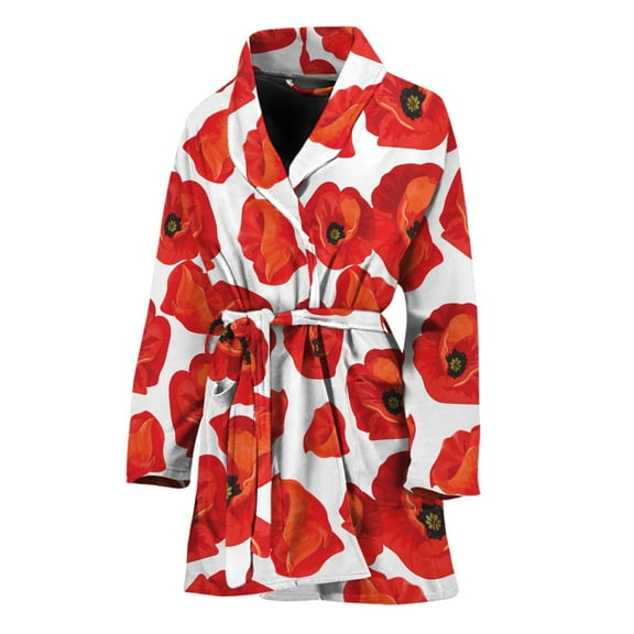 Red Poppy Pattern Women Bathrobe One Size Univeral Fits Fashion Lightweight Plush Fleece Long Robe For Women